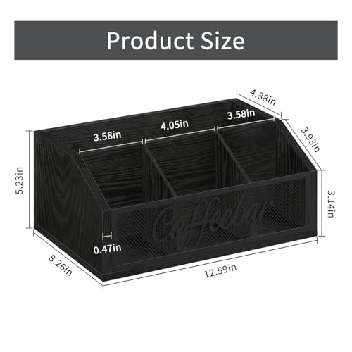 Image of YINMIT Coffee Station Organizer for Countertop, Wood Coffee Bar Organizer with Removable Dividers for Pods, Syrup, Cups, Stirrer, Tea - Office Bar Accessories, Iron Mesh-Black