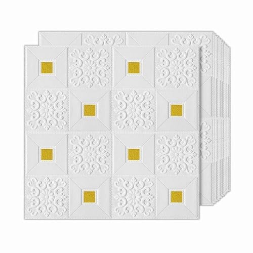 Image of 3D White Brick Wallpaper with Golden Tikdi Self Adhesive PE Foam Wall Sticker for Home Living Room Bedroom Kitchen Hotel DIY Wall Decor ((45, White with Goldan Square Wallpaper)