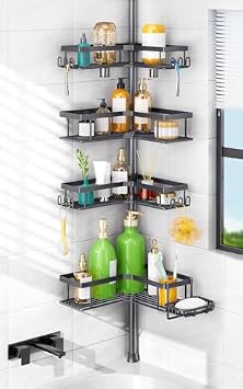 HAMITOR Shower Caddy Tension Pole 4-Tier Corner Bathroom Organizer with Soap Holder - No-Drill Adjustable Storage Rack - 47-123 Inch Rustproof Space Saving Gray