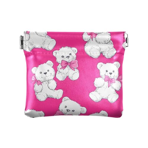 Coin Purse for Women White Bear Pink Bow Coin Pouch Change Holder PU Leather Mini Wallet Portable Coin Bag Money Pocket