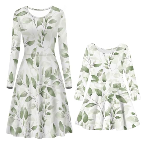 Viewamoon Mom and Me Matching Dresses Green Leaves A Line Swing Flowy Dresses Long Sleeve Fall Dress Fashion Round Neck Dress for Travel Hiking Outdoor Holiday