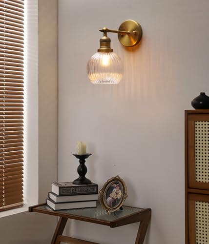 Image of PERMO Antique Wall Sconces with Clear Ribbed Globe Glass Shade Vintage Gold Sconce Indoor Wall Mount Light Fixture for Loft Kitchen Living Room