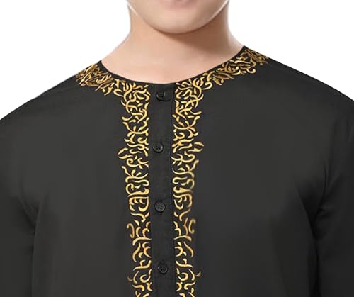 WSPLYSPJY Boys Printed Maxi Prayer Thobe Button Down Muslim Robe Round Neck Arab Kaftans4