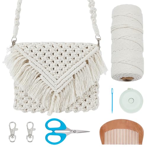 INFUNLY Kit de bolsa de macramê faça você mesmo azul para macramê conjunto feito à mão com borlas Boho macramê kit de bolsa para adultos iniciantes kits de macramê para férias com instruções de vídeo