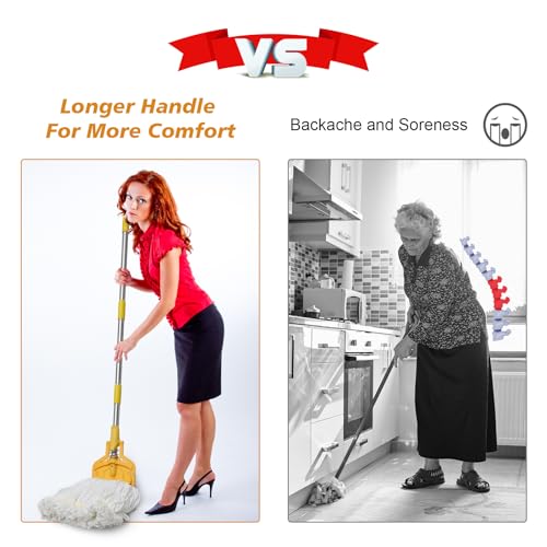Image of Mop Handle, 61 inch Wet Mops Heavy Duty Loop-end String Mop Head Surface Floor Cleaner with Stainless Steel Hard Pole Commercial
