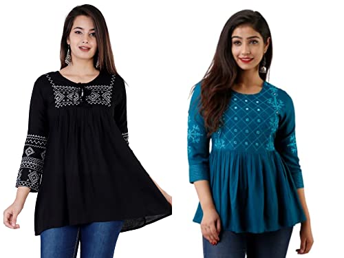Image of Shiva Fab Short Kurti for Women | Embroidered Straight Rayon Kurta | Round Neck Full Sleeves Short Kurti for Women's