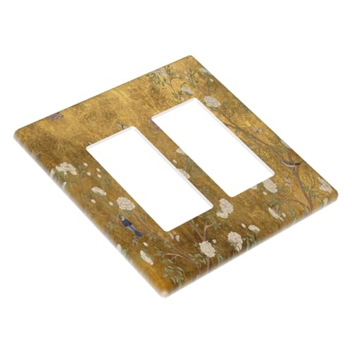 Decorative Outlet Covers Vintage White Flowers Birds on Golden Background 2 Gang Light Switch Cover Plate Double Rocker Wall Plate Switch Plate Covers Faceplate for Home Decor