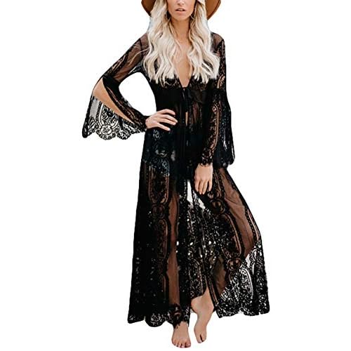 Bsubseach Black Lace Beach Cover Ups for Women See Through Bikini Kimono Swimsuit Cover Up Swimwear