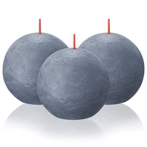 bolsius 3 pack twilight blue rustic ball pillar candles - 3 inch - premium european quality - includes natural plant-based wax - unscented dripless smokeless 25 hour party and wedding candles