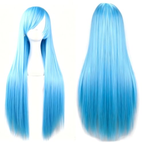 Gairyan Perücke Blau mit Pony Lang Glatt Anime Cosplay Perücke Damen, 80cm Blue Wig für Frauen Mädchen Hitzebeständig Synthetische Lockige Perücken Halloween für Karneval Kostüm Party Tägliche
