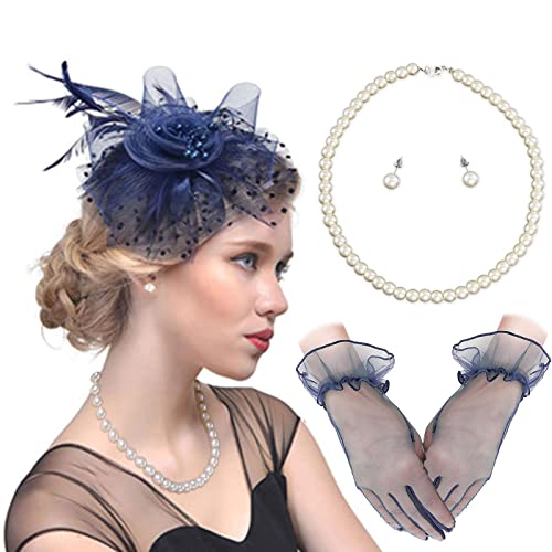 Ibeauti Fascinator Sombreros con guantes de encaje Screentouch Set para mujeres Tea Party Cóctel Boda Derby Headwear Guantes cortos, 02 azul marino, M Cover