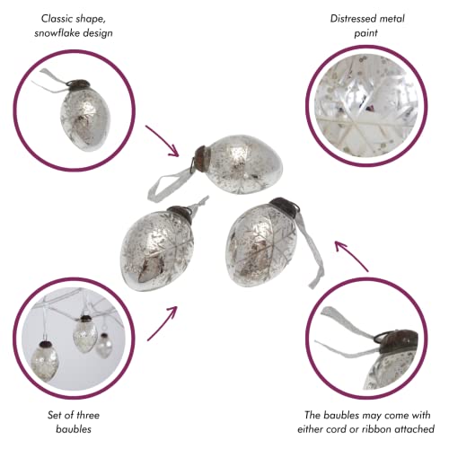 3 x Antique Effect Glass Christmas Baubles Tree Decorations, Snowflake Design, Pack of Three, Hanging Ornaments - Image 2