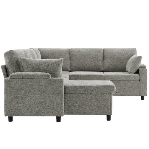 Image of ERYE 110-Inch U-Shaped Left Facing Sleeper Sectional Sofa Chenille Upholstered Corner Convertible Pull Out Sleeper Sofabed with Cupholders,Armrests Storage and USB Ports