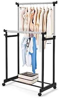 Multigot Garment Rack, Single Adjustable Rod Freestanding Clothing Metal Rack, Telescopic Mobile Double Rails Clothes Hanging Stand with Lower Storage Shelf for Bedroom and Living Room (Double Rails)