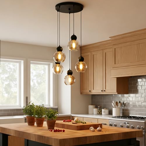 Image of 5-Light Black Cluster Pendant with Globe Amber Glass, Adjustable | Hardwired, Modern Style, for Staircase, Kitchen Island, Dining Room, Entryway