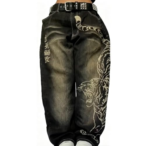 Xojbzoo Y2K Tiger Print Baggy Jeans Unisex Wide Leg Pants Retro Streetwear Hip Hop Denim Trousers (Blue,Small) by Xojbzoo - Used condition - Image 2