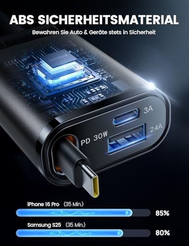 Lamicall 3 IN 1 Zigarettenanzünder USB C Auto Ladegerät -【2026 Super Kompakt】50W USB Adapter Auto Schnellladegerät mit einziehbare Typ-C Kabel/USB C/USB A, 24/12V KFZ Ladegerät Auto für iPhone/Samsung