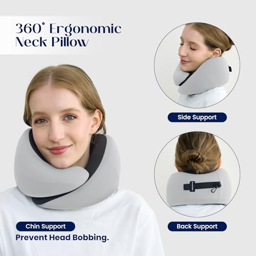 Image of Dream Valley Neck Travel Pillow, Memory Foam Travel Pillow for Airplane, Portable Roll-Up Neck Pillow with Cooling Inner Fabric, 360 Ergonomic Support, No Head Bobbing, Light Gray