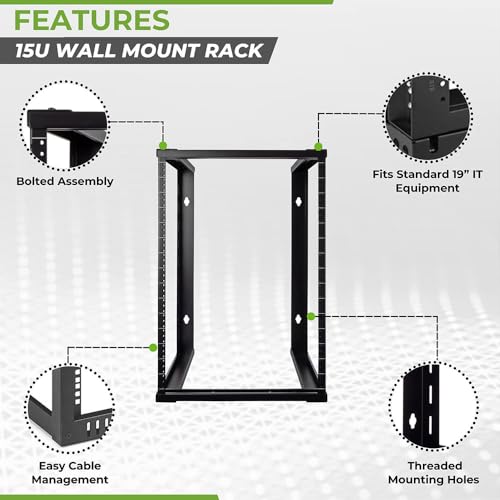 Image of NavePoint 15U Wall Mount Rack - Server Rack for 19 Inch IT Equipment Open Frame Rack - Network Rack for AV & Server Equipment 16 inch Deep Rack, Black
