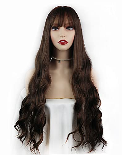 Hair Replacement Wigs, Wig with Bangs, Synthetic Wigs, Cosplay Wig, Costumes Wigs, Party Wigs, Long Wigs for Women, 29.5" Silky Curly Extra Long Wavy Wig, FLYELFS Wigs, Ombre Brown