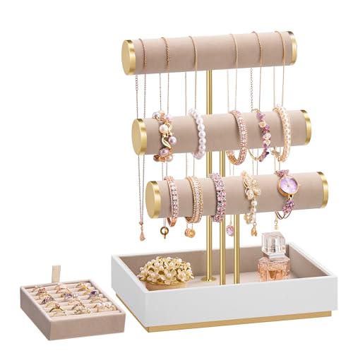 SONGMICS Porte-Bracelet, Présentoir à Bijoux, Support Bracelet, 3 Niveaux et Plateaux en Velours, Support Amovible, Blanc Nuage et Marron Camel JJS027A01