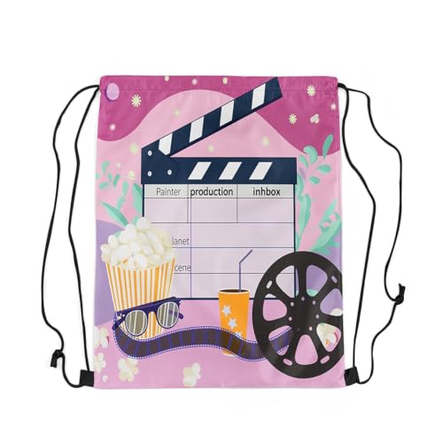 Erosebridal Home theater Drawstring Backpack 13X15.7 for Family Popcorn Filmstrip Print Drawstring Bags Clapper Board Decor Draw String Back Bag Movie Theme String Backpack Film Cinema Cinch Bag3