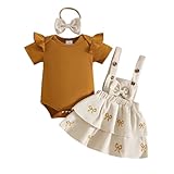 JENJON Neugeborenes Baby Mädchen Rock Sets Kurzarm Ripptop + Cord Overall Hosenträgerkleid mit Schleife + Haarband Süßes Sommer Kleidung Outfit Set 3Pcs Beige Schleife 0-3 Monate