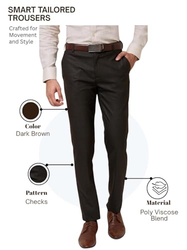 Image of Raymond Men's Mid Rise Slim Fit Checks Pattern Poly Viscose Blend Flat Front Formal Trouser