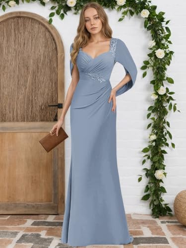 Women's Mermaid Mother of The Bride Dress with Cape Floor Length Lace Formal Evening Gown4