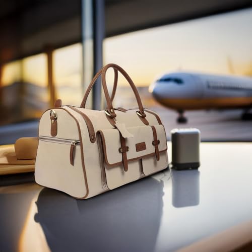 Image of Premium Leather Duffle Bag for Men & Women | Genuine Leather Travel, Gym & Office Bag | Stylish Handcarry & Sling Weekend Cabin Luggage Bag | Cream