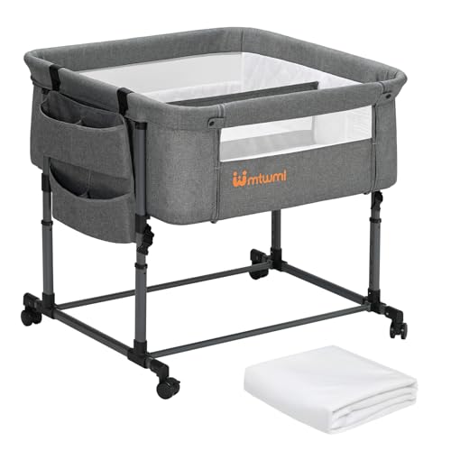 MTWML Twin Bassinet for 2 Babies,Portable Twins Crib with Storage Bag and Replaceable Mattress Cover,Adjustable Height Double Bedside Crib Attaches to Bed with Strap for 0-6 Months (Deep Grey)