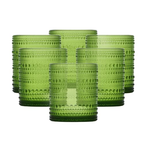 FORTESSA Jupiter Beaded Hobnail Glass Vintage Themed Drinkware Set, 10 Ounce Double Old Fashioned Glass (Set of 6), Dishwasher-Safe, Fern Green