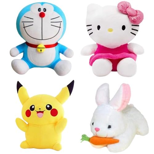 Pack of 4 Elegant Soft Toys - Doremon, Hello Kitty, Pikacahu, Rabbit for Kids| Plush Toy Set for Play and Collection