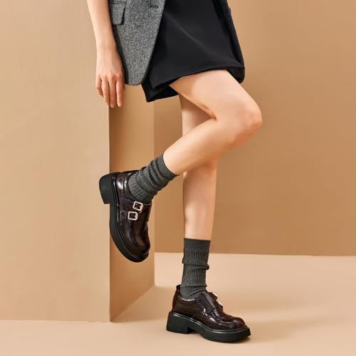 Image of BEAU TODAY Womens Leather Loafers, Monk Strap Womens Loafers, Business Casual Office Shoes, Brogue Wingtip Slip-on Dress Shoes