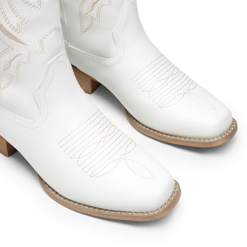 Image of DREAM PAIRS Women's Square Toe Cowboy Cowgirl Boots Pull On Low Chunky Heel Mid Calf Western Boots with Embroidered Stitched for Theme Party Country Concert