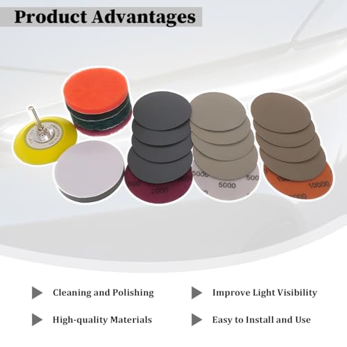 SWPHRT Car Headlight Restoration Kit, 21PCS 3 Inch Vehicle Headlights Lens Polishing Sanding Discs with Buffering Pad, Auto Hook and Loop Sanding Pads, Universal for Automobile RV Truck