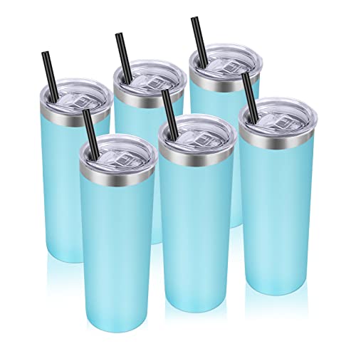 VEGOND Stainless Steel Tumblers Bulk 6 Pack, 20 oz Vacuum Insulated Skinny Tumblers with Lid and Straw, Double Wall Coffee Mug, Travel Water Cup, Blue