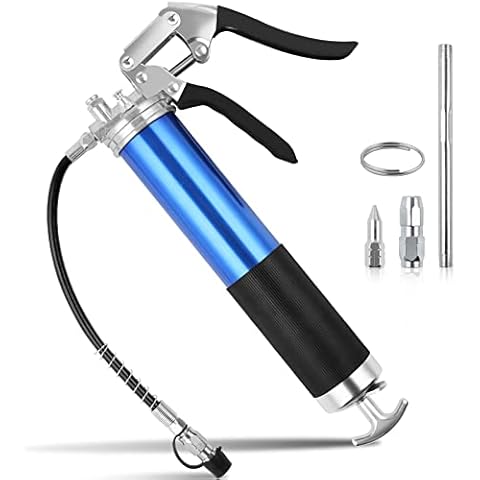 Yakimz One-Handed Grease Gun with Pistol Grip 8000PSI Hand Lever Grease Gun Including Flex Hose and Straight Metal Tube Gun Gun Compatible with 400 g Cartridge or Loose Grease Cover