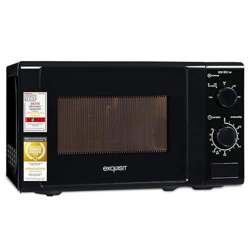 Exquisit Mikrowelle | 20 l Garraum, 700 W Ausgangsleistung, 5 Leistungsstufen, Standgerät | Auftaufunktion, manuelle Steuerung, mechanische Zeitschaltuhr, Glas-Drehteller | MW 802 schwarz
