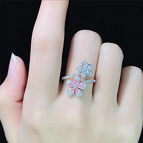 Cherry Blossom Statement Ring for Women Sparkling Crystal CZ Pink Sakura Floral Open Wrap Finger Band Adjustable Engagement Promise Rings Wedding Rings Anniversary Jewelry2
