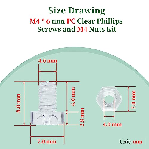 Pzsmocn 200 Pieces/100 Sets M4*6 mm PC Transparent Plastic Cross-recessed Round Head Screws and Hexagonal Nuts Kit - Image 4