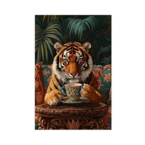 Poster tigre buvant du thé grande toile deco murale 61x91cm