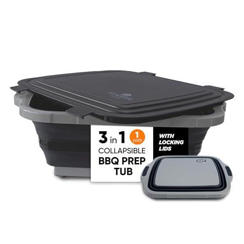 Grande Home BBQ Prep Tub Collapsible X-Large with Cutting Board, Locking Lid – Meal Prep Food Prep Containers with Lids for Resting Meat –3 Adjustable Height - Ideal for Camping, Picnic, Dish Basin