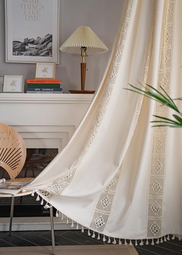 iyoimono Boho Vorhänge 2er Set Beige Vintage Gardinen Landhausstil Häkeln...