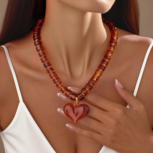 Y2k Large Acrylic Heart Necklaces for Women Chunky Puffy Heart Pendant Necklace Exaggerated Statement Love Beaded Choker Necklace Jewelry- Amber2