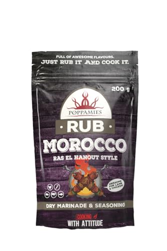 POPPAMIES Poppamies Sazonador BBQ marroquí, Estilo Ras El Hanout Marinado Seco y Condimento BBQ Perfecto para Pescado, Verduras, Pollo, Cerdo y Carne de Res - Paquete Grande (200g)