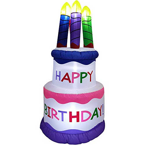 Fraser Hill Farm 5-Ft. Tall Happy Birthday 2-Tier Cake with 4 Faux Candles, Blow Up Inflatable with Lights