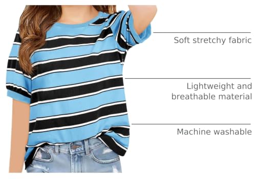 Image of Haloumoning Girls Striped Short Sleeve T Shirts Kids Summer Casual Tops Crewneck Tees Blouses 5-14Y