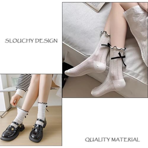 Image of Women's Ruffle Sock Frilly Lettuce Edge Socks For Girl Cute Cotton Crew Slouchy Socks Womens Bow Crew Sock