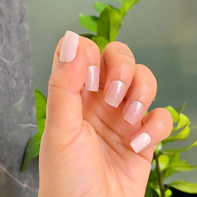 Square Shape Soft Pink Glitter Press-On Nails For Women And Girls | 24 Reusable False Nail Extensions With 24 Gel Glue Tabs | Stick-On Manicure Kit For Parties And Weddings